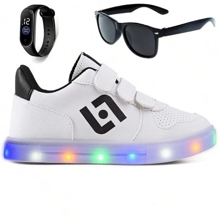 Tenis Infantil De Led - Casual Escolar - Meninos + Oculos Relogio