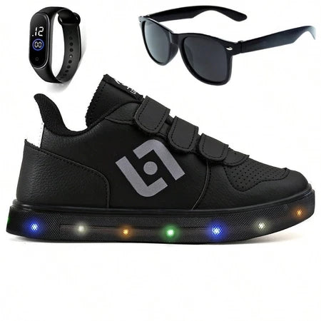 Tenis Infantil De Led - Casual Escolar - Meninos + Oculos Relogio