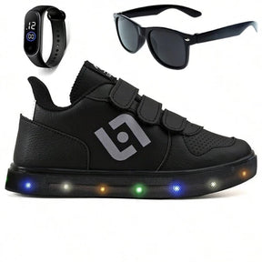 Tenis Infantil De Led - Casual Escolar - Meninos + Oculos Relogio